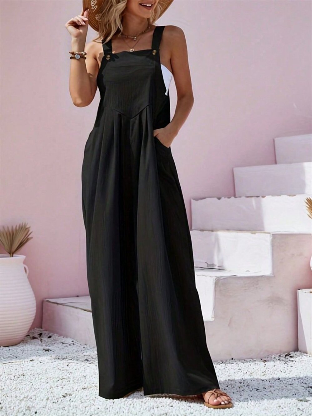 Black Casual Women's Button Strap Wide Leg Jumpsuit - Picture 2 of 3